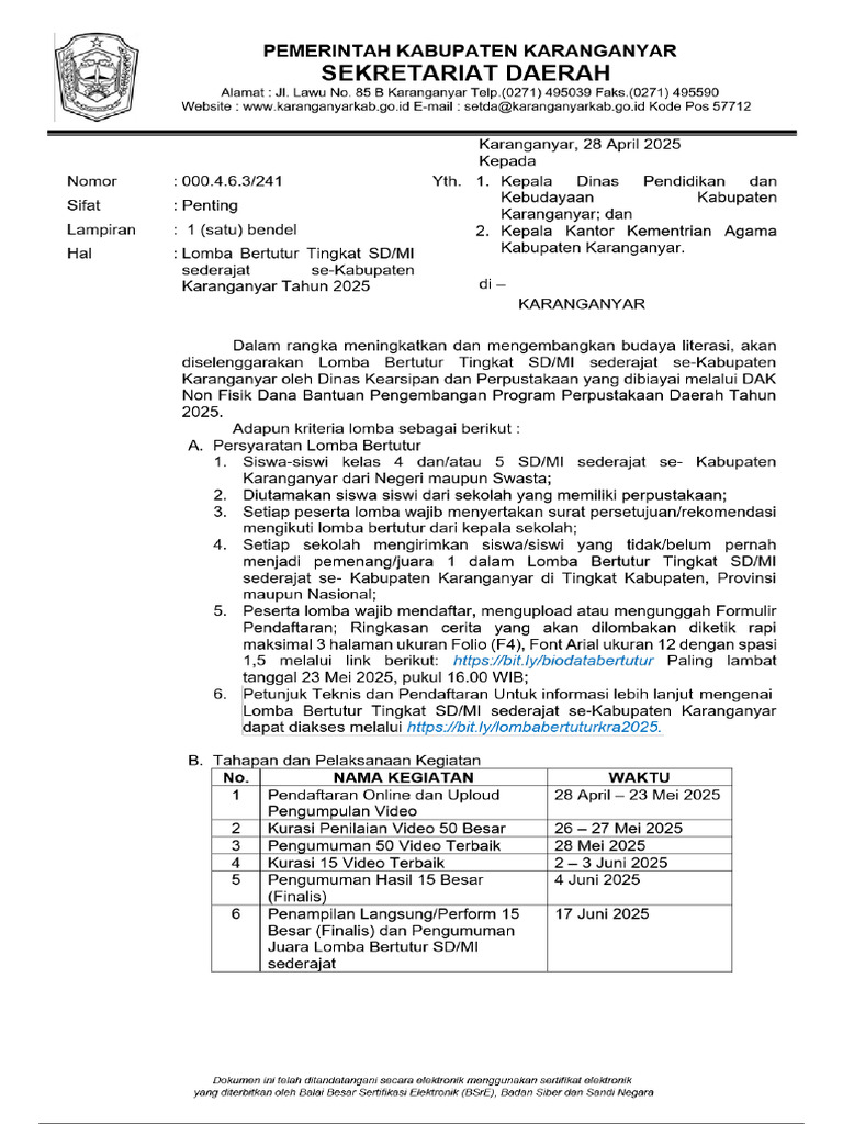Surat Edaran Lomba Bertutur SDMI 2025 Srikandi | PDF