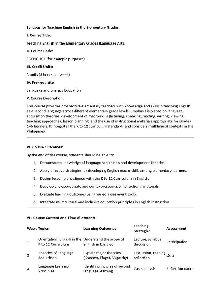 Teaching English in Elementary Grades Syllabus | PDF | Educational ...