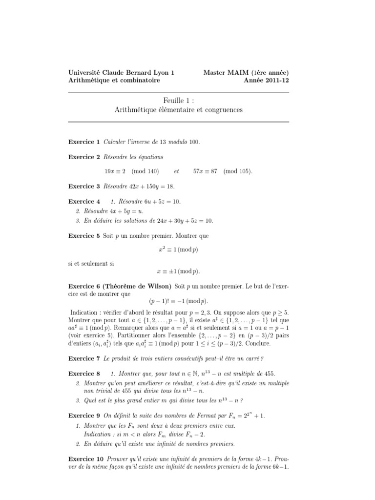 Exercices d'Arithmétique et Combinatoire | PDF | Nombre premier ...
