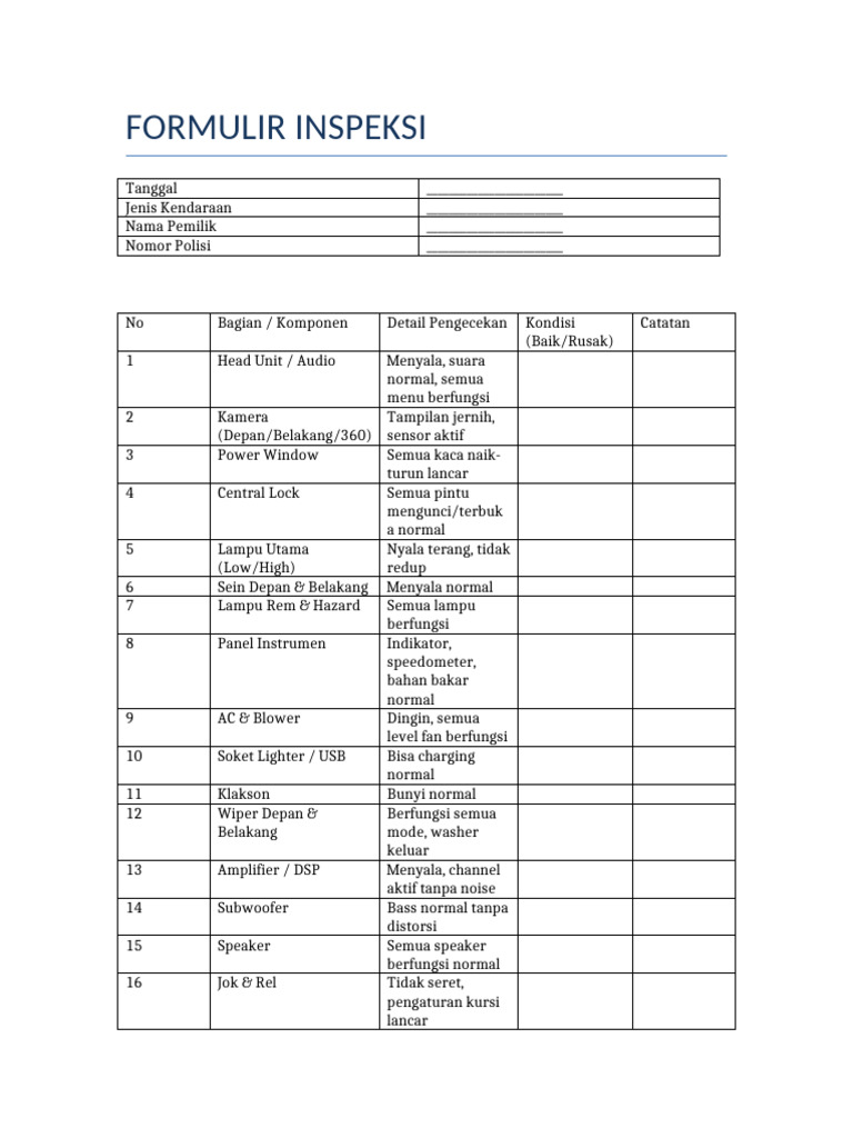 Form Inspeksi Kendaraan Mobil | PDF