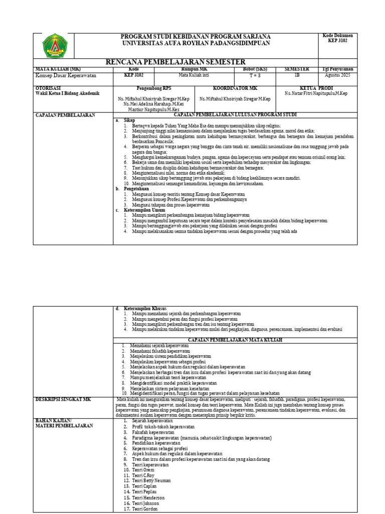 RPS Konsep Dasar Keperawatan Sem 1B 2025-2026 2 | PDF