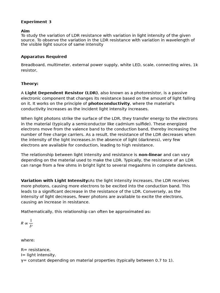 Experiment 3 Aim | PDF | Light | Electrical Resistivity And Conductivity