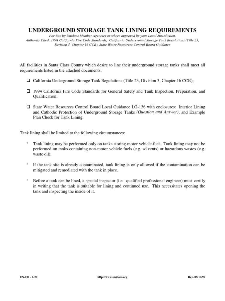 Underground Storage Tank Lining Requirements UN011 1/20 Rev. 09/10