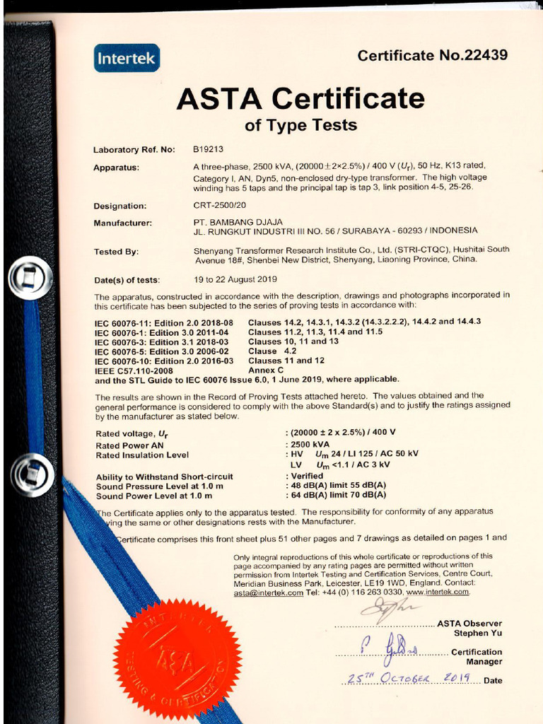 1.1 ASTA Certificate For 2500kva Dry Type Trafo B&D | PDF