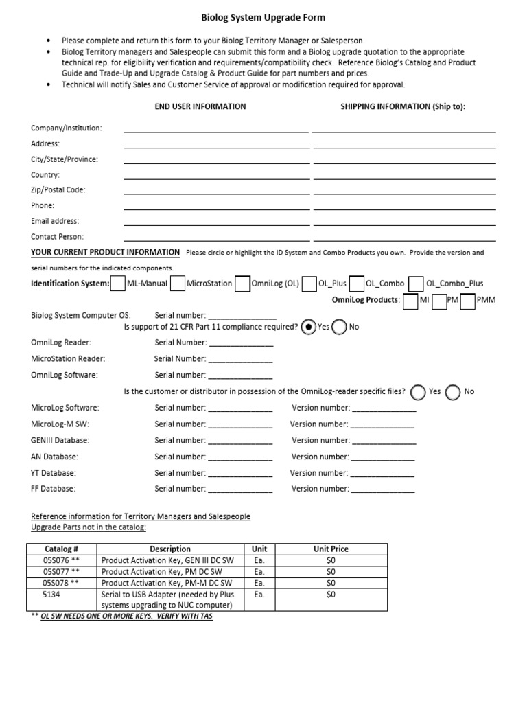Biolog System Upgrade Request Form | PDF | Computing | Software
