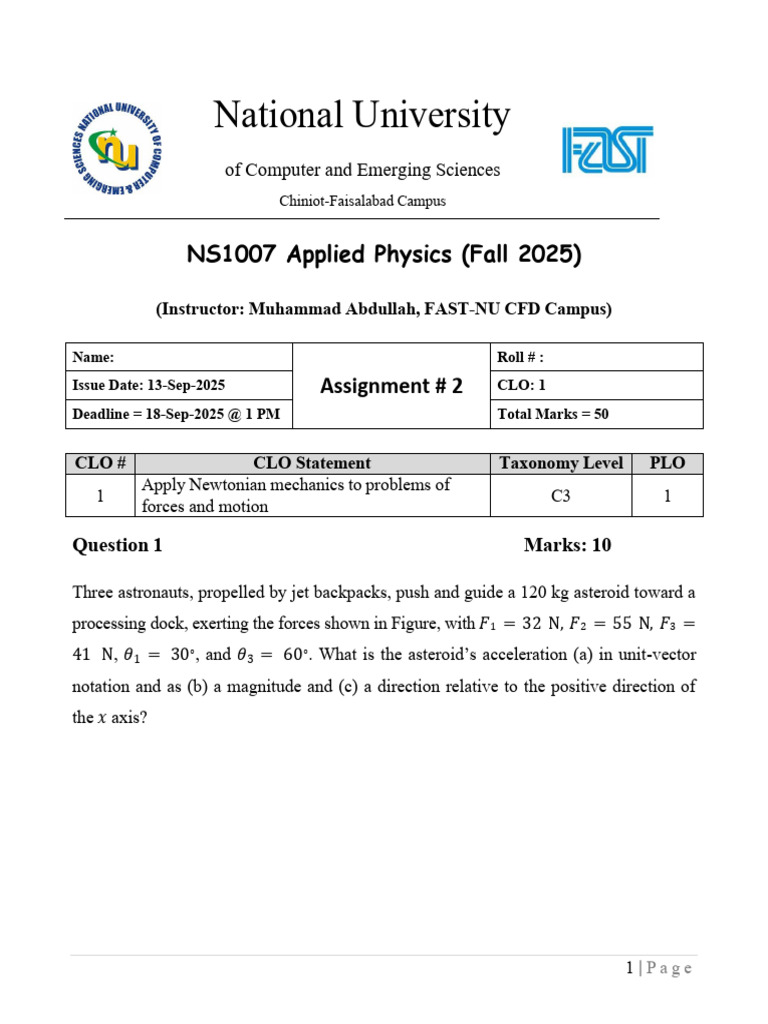 Applied Physics Assignment Fall 2025 | PDF | Oscillation | Force