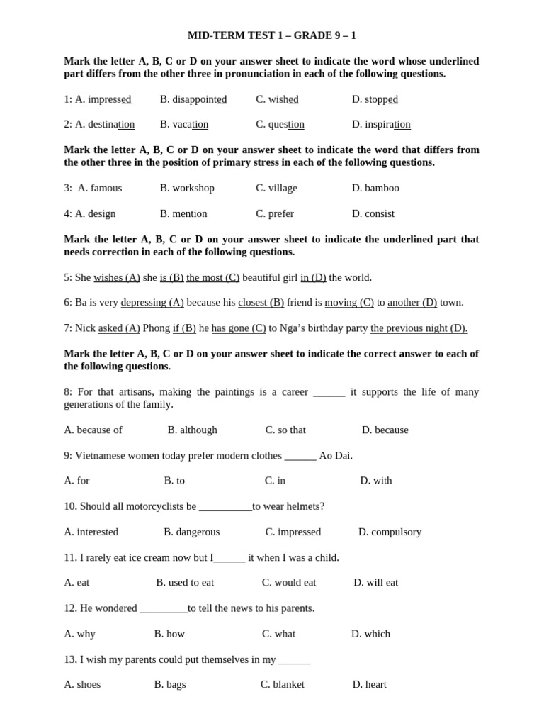 Grade 9 Mid-Term English Test Guide | PDF | Jeans