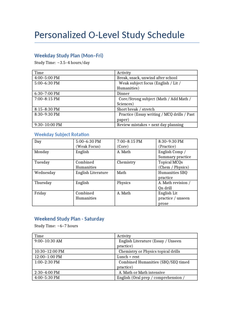 O-Level Personalized Study Timetable | PDF | Workweek And Weekend