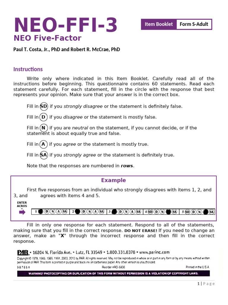 NEO-FFI-3 Questionnaire Instructions | PDF | Behavioural Sciences ...