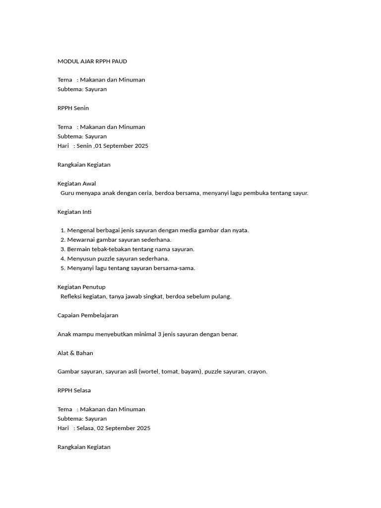 Modul Ajar RPPH Sayuran | PDF
