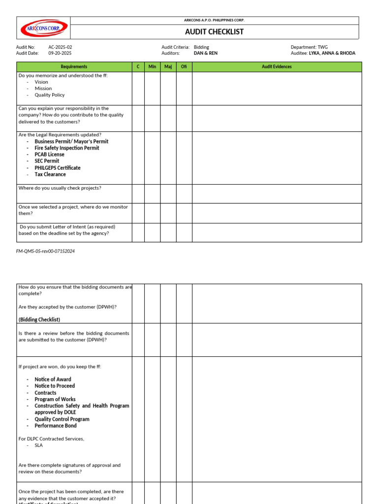 ARKCONS Bidding Audit Checklist | PDF | Audit | Business