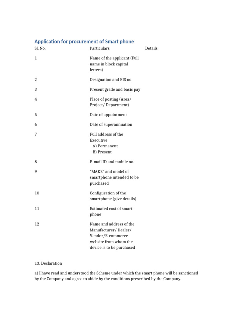 Smartphone Procurement Application Form | PDF