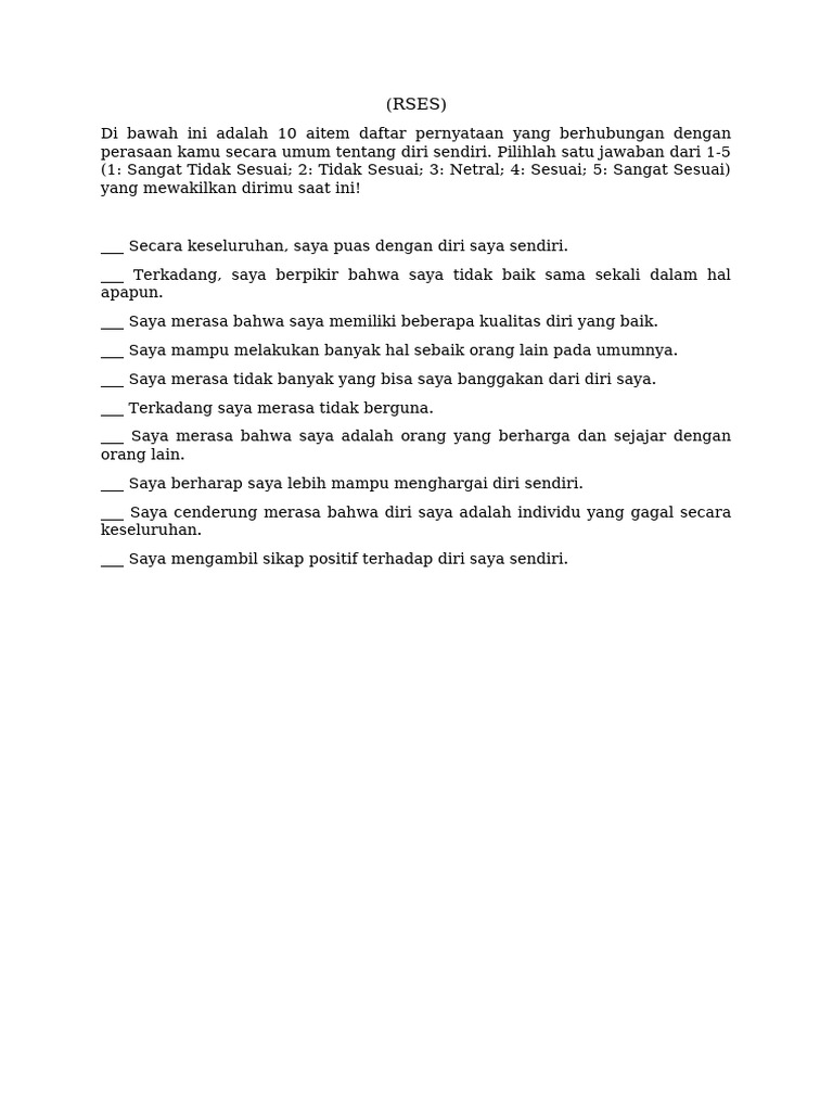 Kuesioner RSES untuk Penilaian Diri | PDF