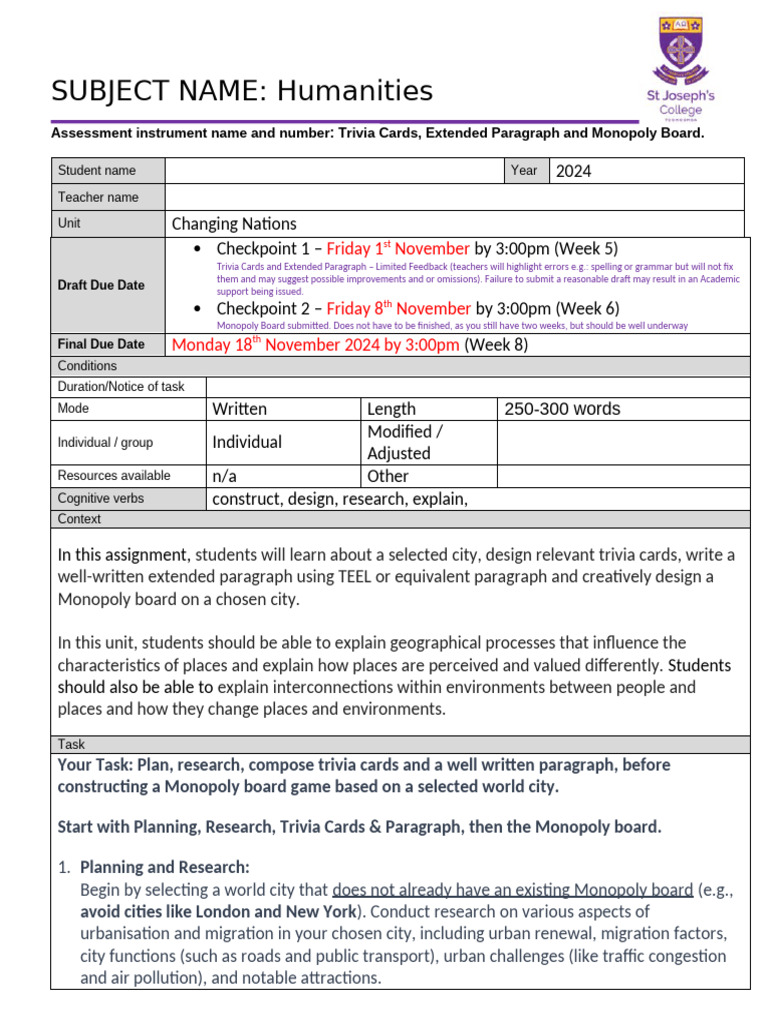 Humanities Assignment: City Monopoly Project | PDF | Urbanization ...