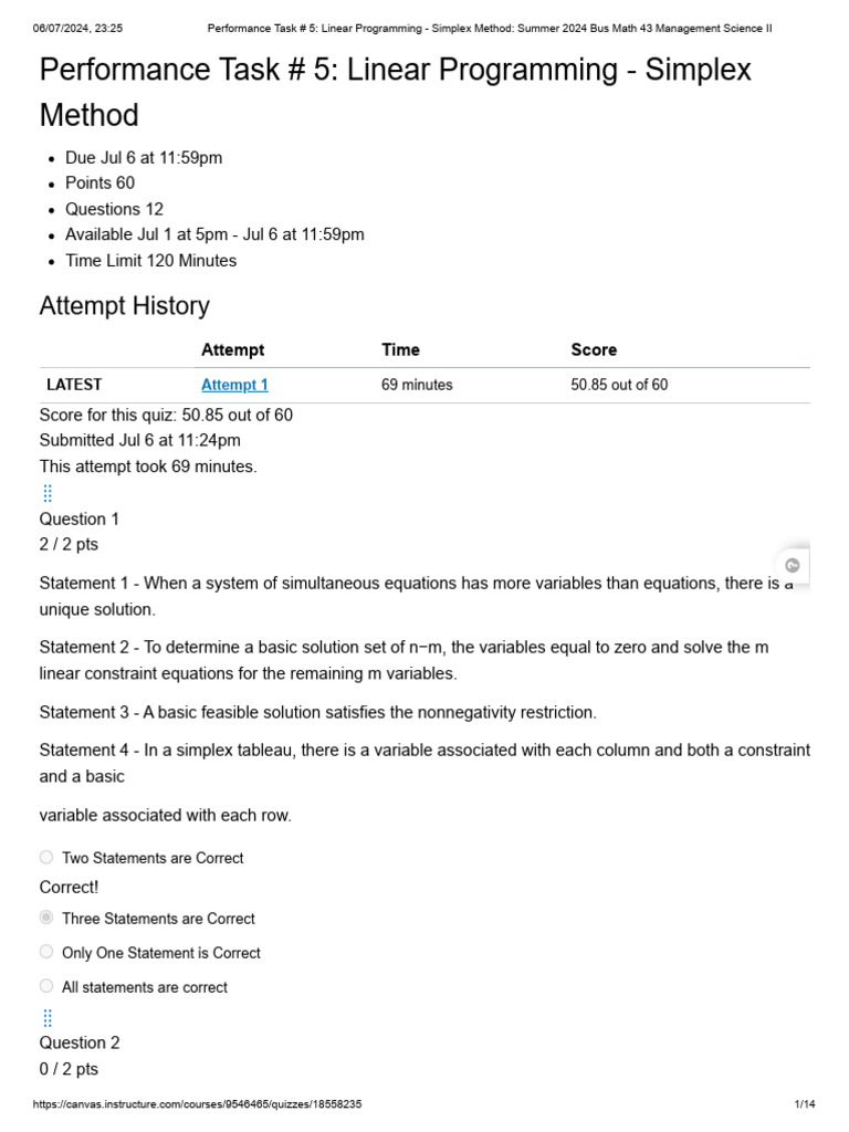 Performance Task # 5 - Linear Programming - Simplex Method - Summer ...