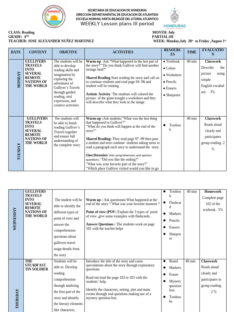 4th Grade Weekly Reading Lesson Plans | PDF | Textbook | Pedagogy