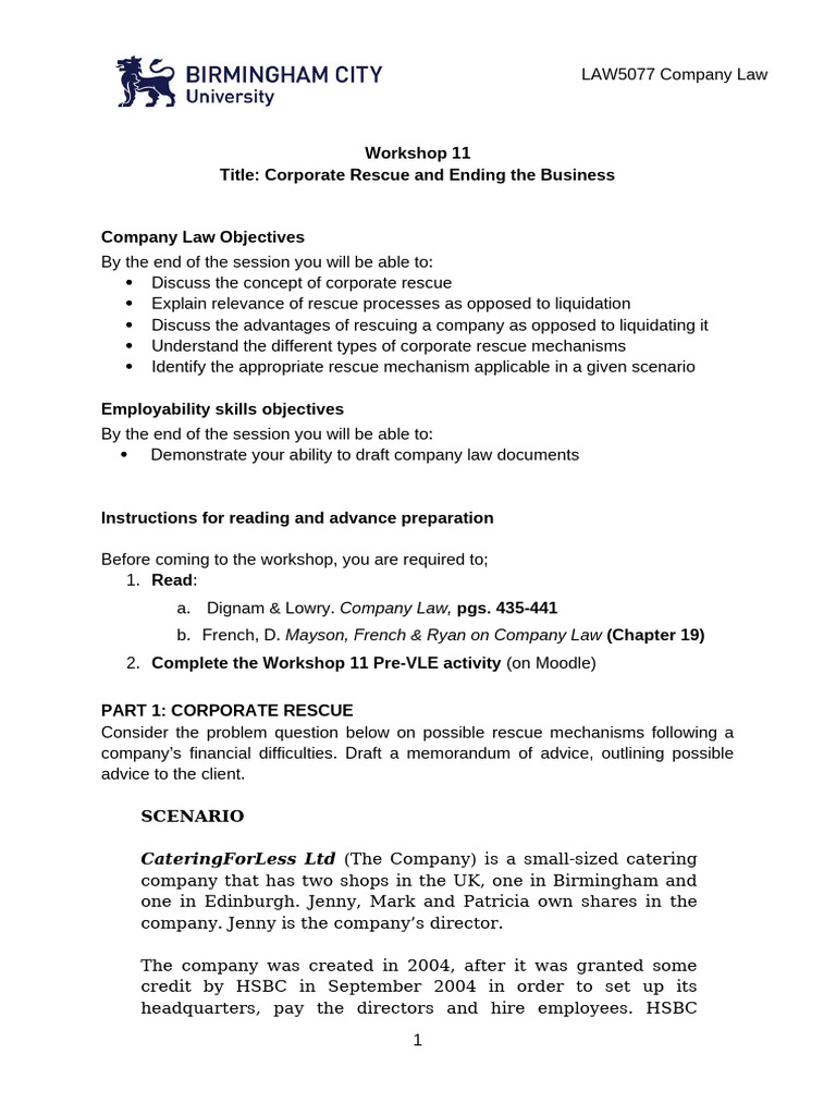Corporate Rescue Strategies in Company Law | PDF | Business Law | Debt