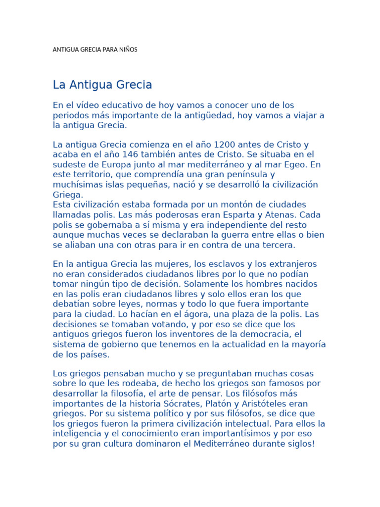 Resumen de la Antigua Grecia para Niños | PDF | Antigua Grecia