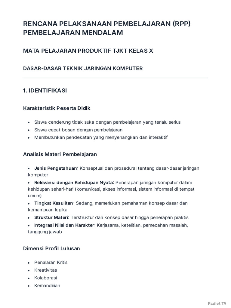 RPP Pembelajaran Jaringan Komputer Kelas X | PDF