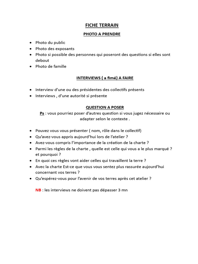 Fiche Terrain : Guide d'Interviews | PDF