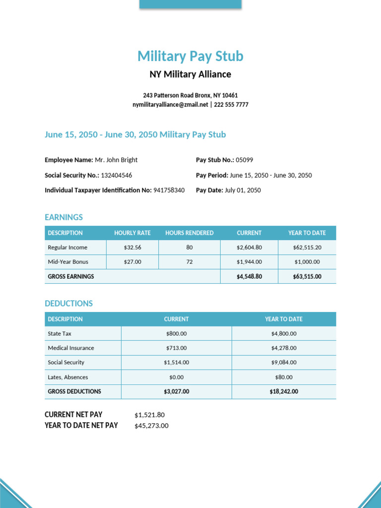 Military Pay Stub Example for 2050 | PDF | Social Security (United ...