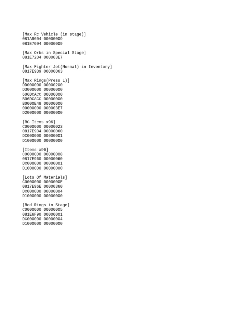 Max Cheat Codes for RC Vehicle Game | PDF