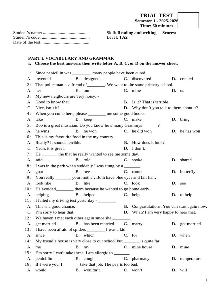 Reading and Writing Test for TA2 Level | PDF | Books