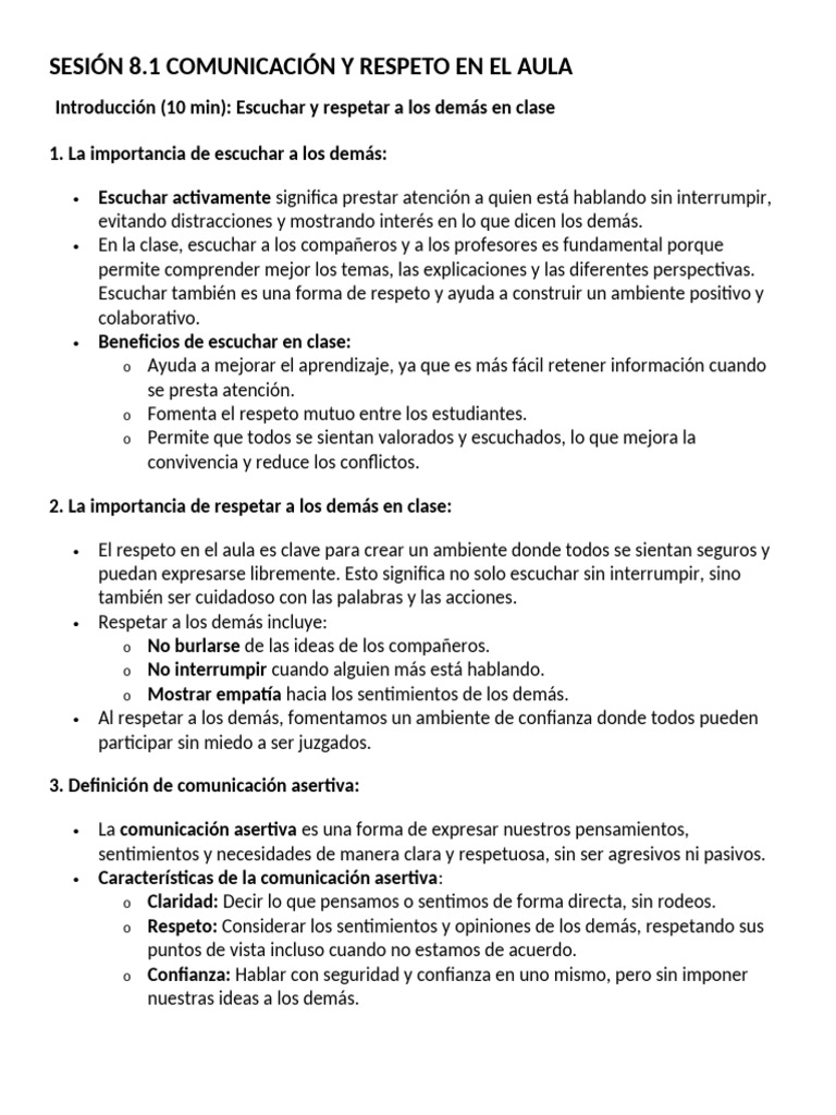 Sesión 8.1 Comunicación y Respeto en El Aula | PDF | Comunicación ...