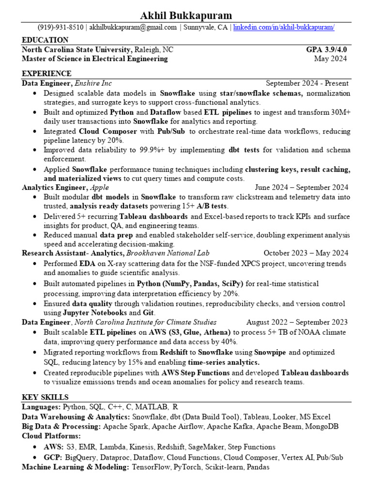 Data Engineer Resume: Akhil Bukkapuram | PDF | Analytics | Apache Spark