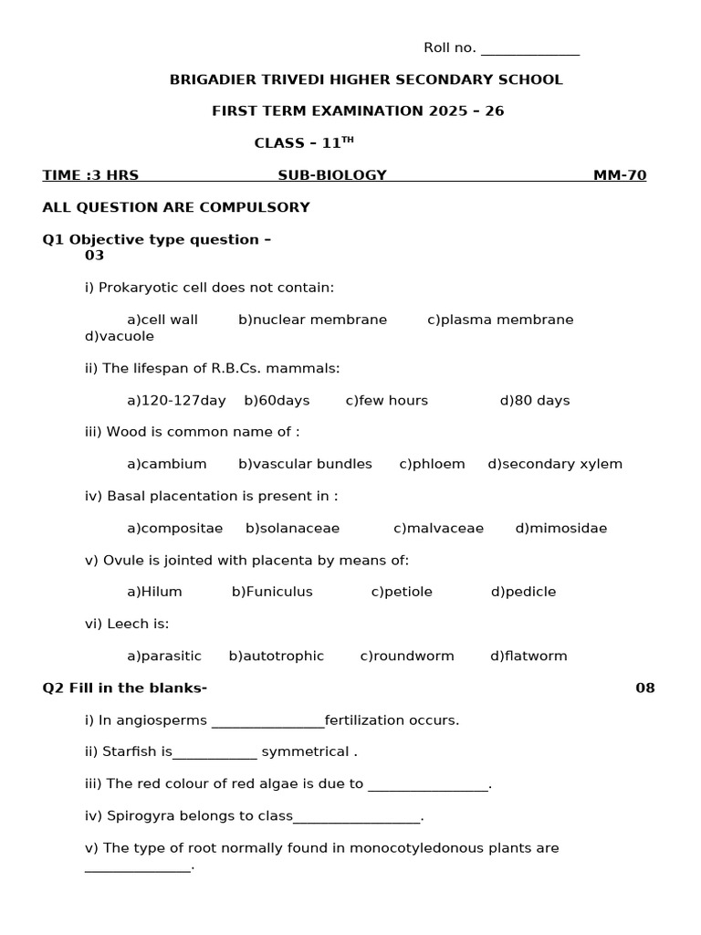 Class 11 Biology First Term Exam 2025 | PDF | Cell (Biology) | Stoma