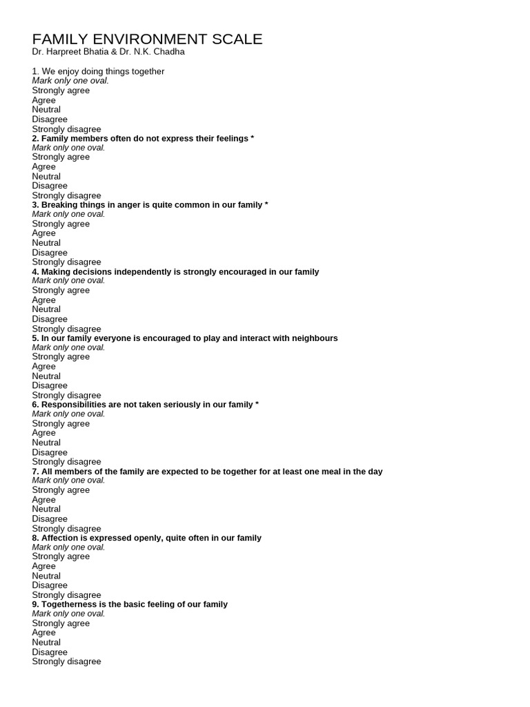Family Environment Scale Questionnaire | PDF