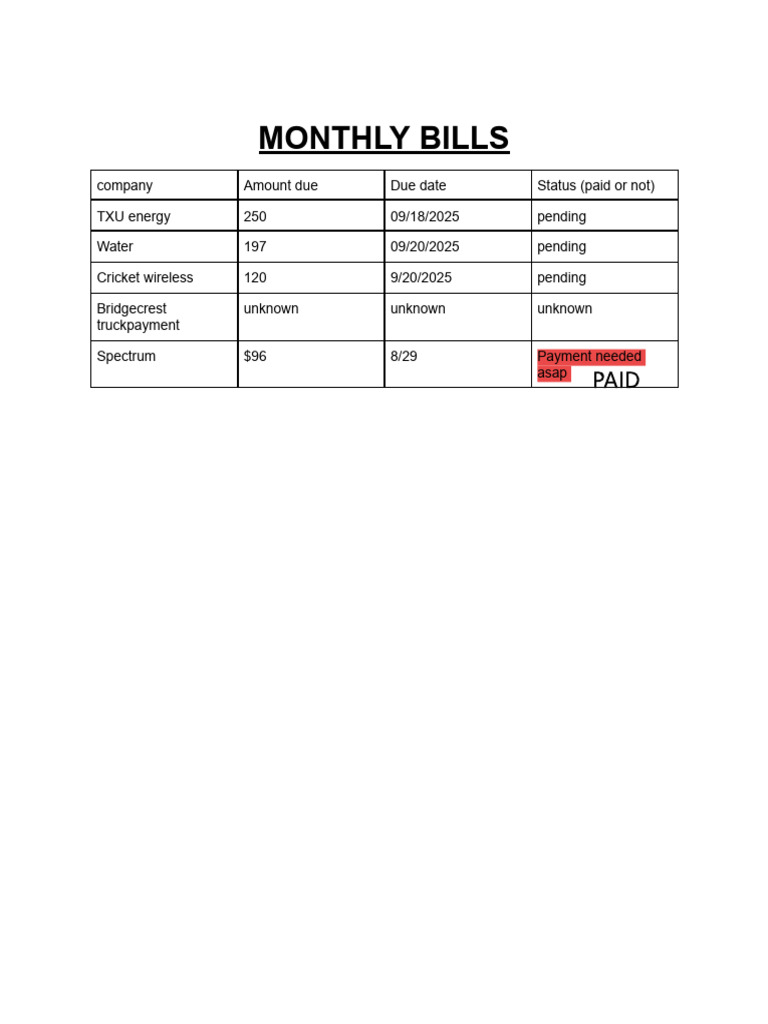 Monthly Bills | PDF