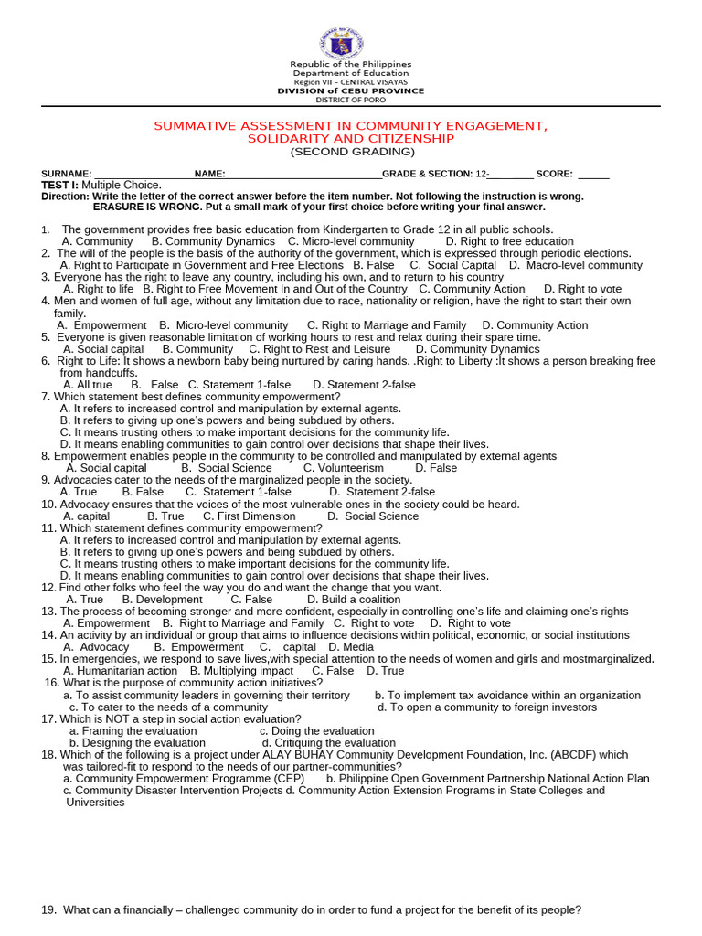 CESC Exam: Community Engagement Assessment | PDF | Empowerment | Evaluation