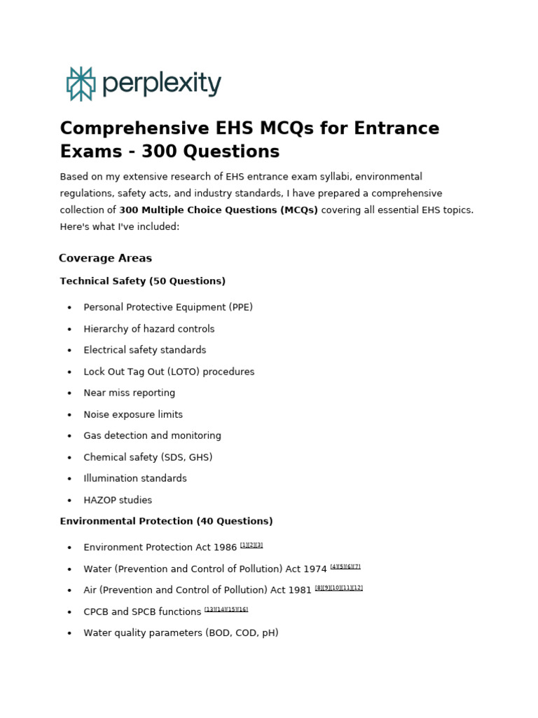 EHS Entrance Exam MCQs: 300 Questions | PDF | Occupational Safety And ...