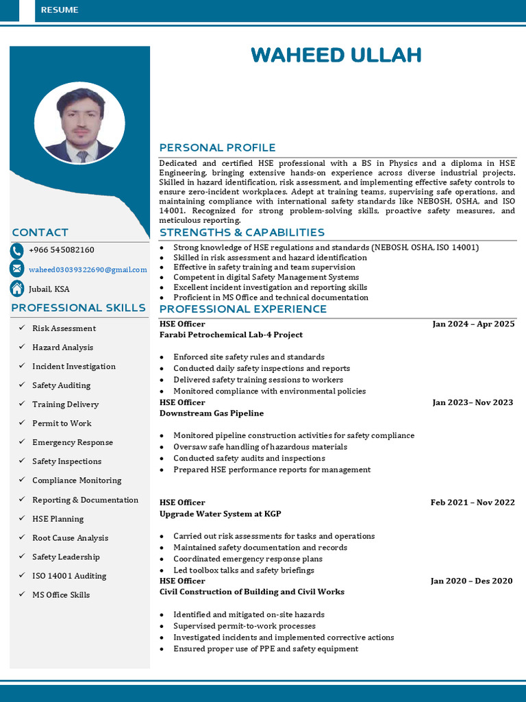 HSE Officer Resume for Waheed Ullah | PDF | Occupational Safety And ...