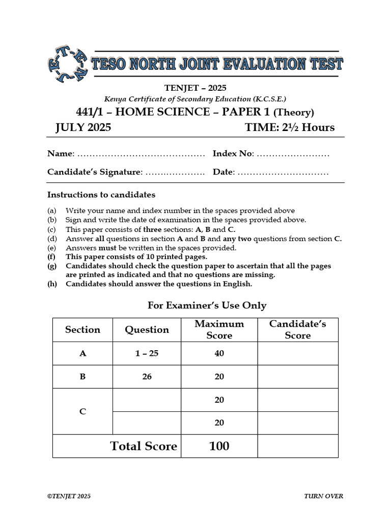 K.C.S.E. Home Science Paper 1 2025 | PDF
