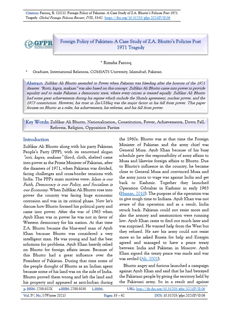Bhutto's Foreign Policy Post-1971 | PDF | Zulfikar Ali Bhutto | Pakistan