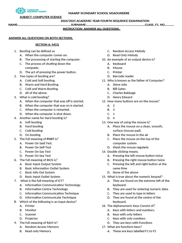 Computer Science Exam Questions 2024 | PDF | Computer Keyboard | Booting