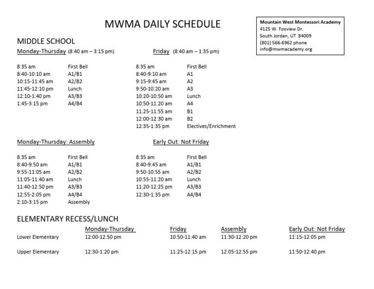MWMA Daily Schedule Generic One Page 12-08-22 | PDF