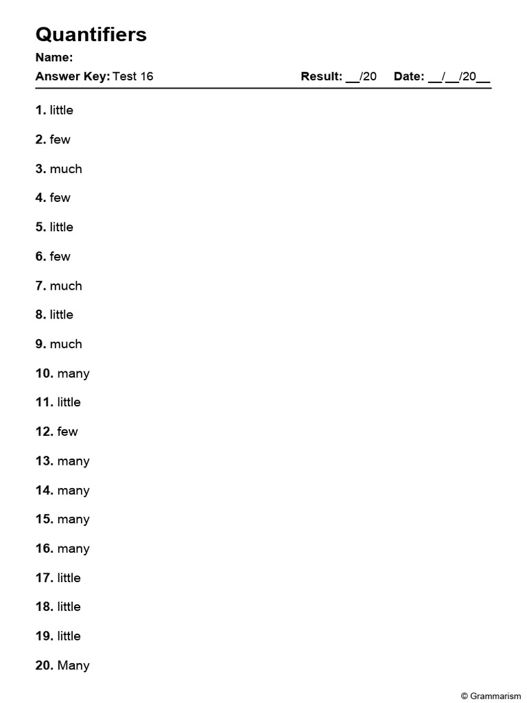 Grammarism Quantifiers Test 16 Answers 2753829 | PDF