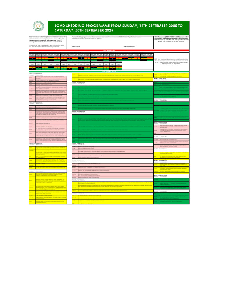 Load Shedding Programme From Sunday 14th September 2025 To Saturday ...