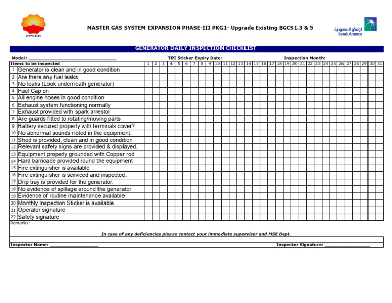 Generator Daily Inspection Checklist | PDF