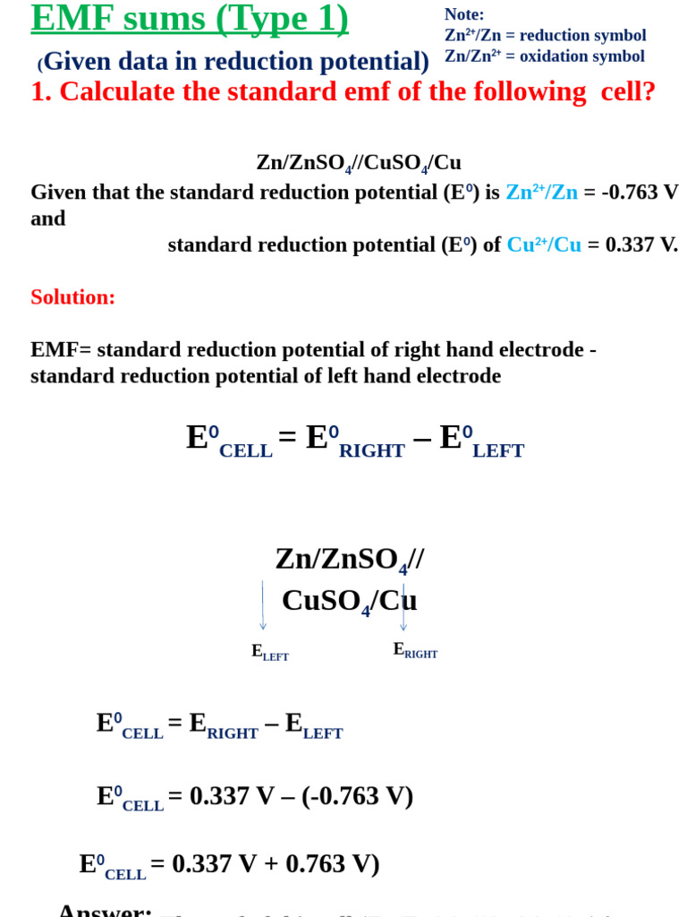 EMF Calculations for Electrochemical Cells | PDF | Redox | Zinc
