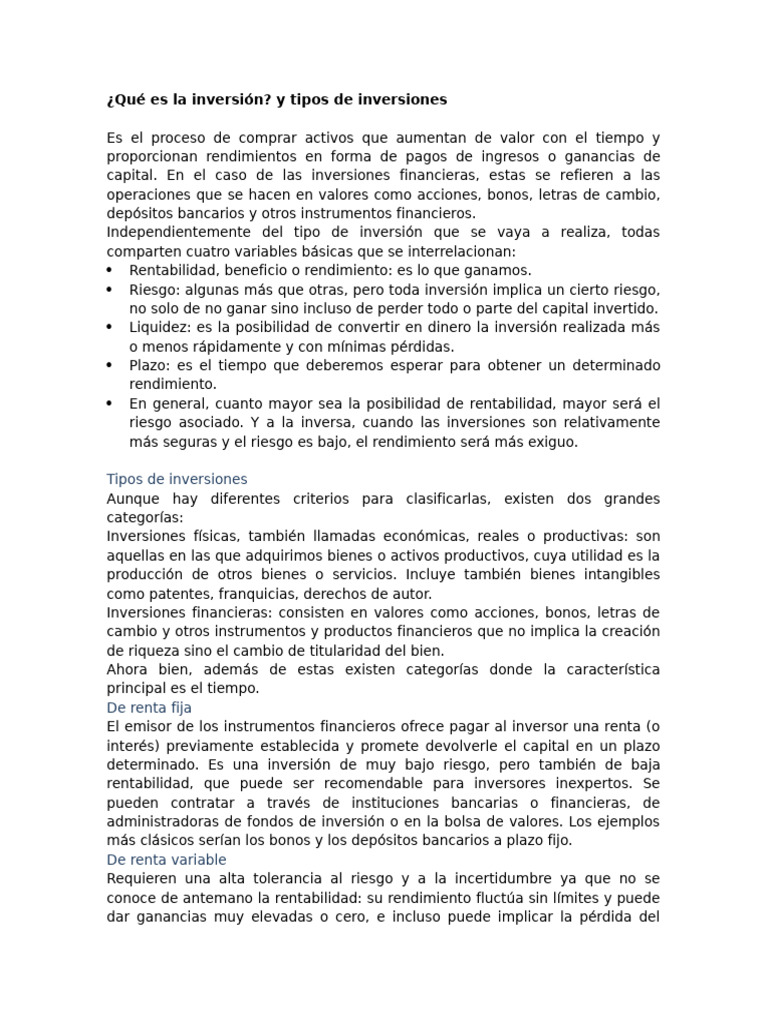 Definición y tipos de inversión | PDF | Inversiones | Fondo de inversión