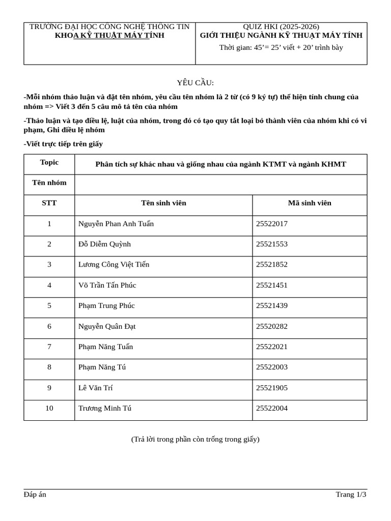 Quiz - HK1 - 2025 2026 KTMT Sep19 | PDF