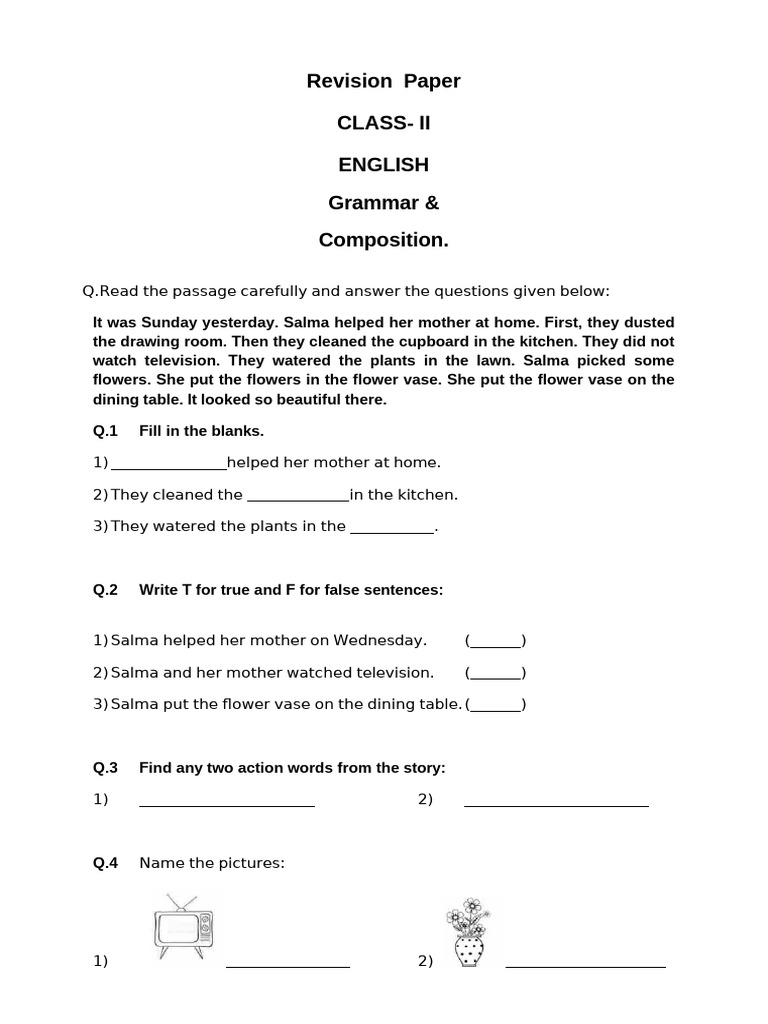 Class II English Grammar Revision Paper | PDF
