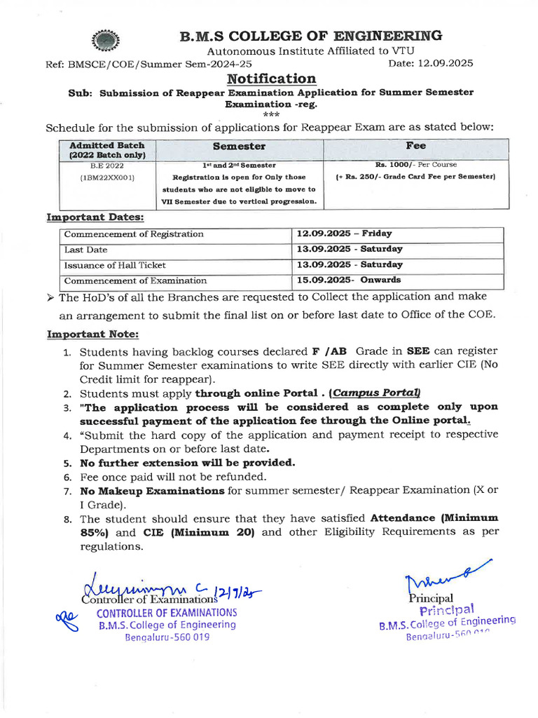 Notification & VTU Circular-Summer Sem-2022 Batch | PDF