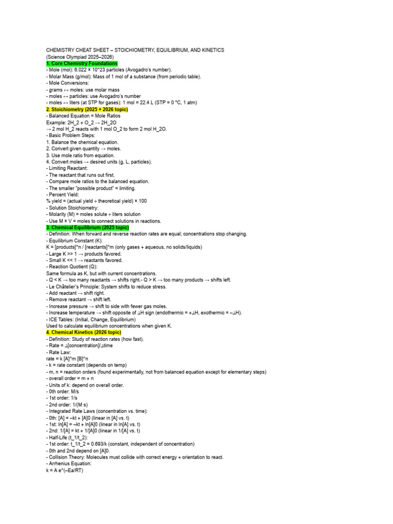 Chemistry Cheat Sheet: Stoichiometry & Kinetics | PDF | Reaction Rate ...