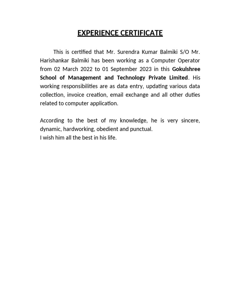 Experience Certificate for Computer Operator | PDF