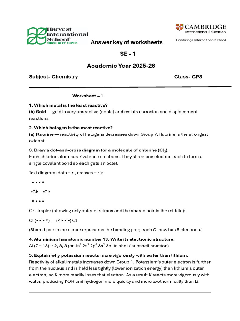 Chemistry Worksheet Answer Key 2025-26 | PDF | Chlorine | Chemical ...
